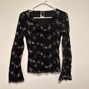 Y2K Womens Black Floral Babydoll Top Sz L Dark Fairy Whimsigoth Romantic Boho